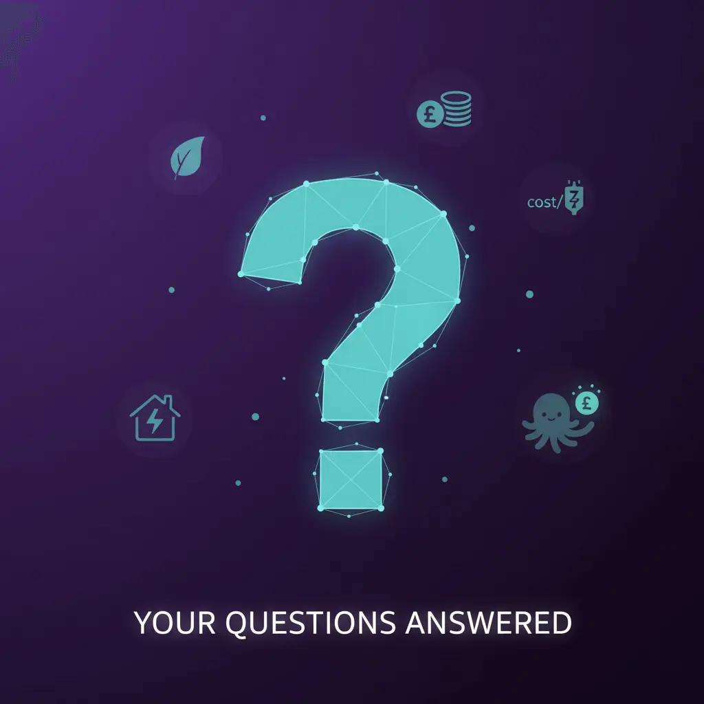 Contact Octopusbonus Support. A modern, square graphic showing three floating question marks on a deep purple and neon blue background, symbolizing frequently asked questions and clear answers.